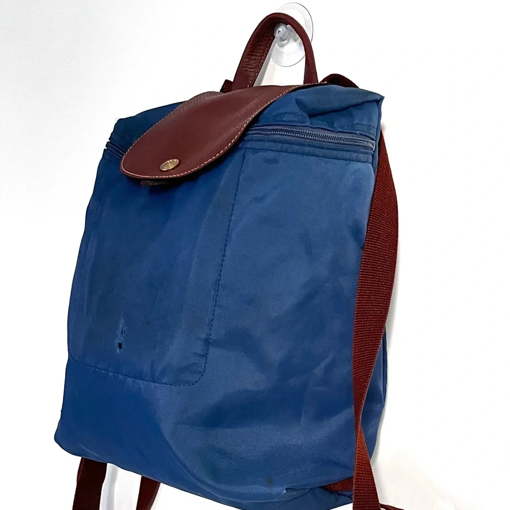 Longchamp Blue Brown Nylon Leather Mini Backpack - AS IS